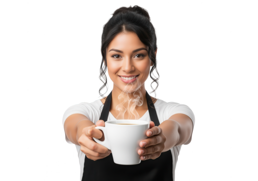 Waitress Holding Coffee Cup on White Background