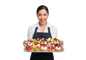 Smiling Waitress Holding Tray of Pastries
