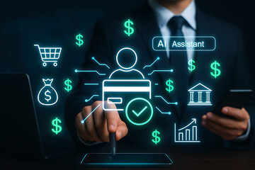 An ai assistant manages personal finances, showing a hologram of a credit card and various financial icons such as a shopping cart and money bags