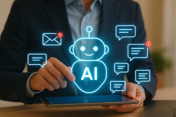 A human hand holding a smartphone from which a holographic chatbot with speech bubbles emerges, symbolizing modern AI communication