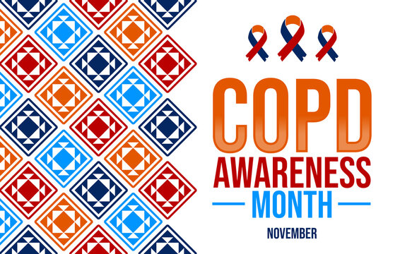 COPD Awareness Month November collage poster with ribbon and colorful tiles
