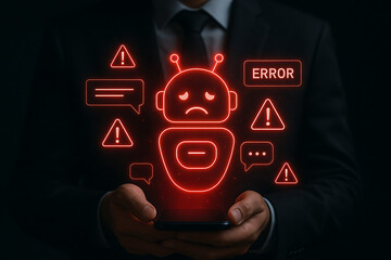 A sad-faced robot with an error message and warning signs appears on a smartphone screen held by a man