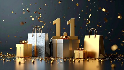 Golden "11.11" numbers sit atop a gift box surrounded by shopping bags and smaller presents, with confetti scattered around, symbolizing a sales event.