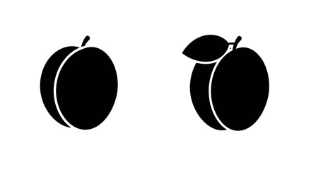 Simple black and white illustration of two plums one whole and one bitten