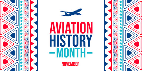 Aviation History Month November poster with airplane silhouette and decorative border