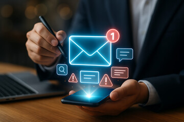 New email notifications with exclamation marks, a search icon, and other alerts appear on a smartphone held by a man in a black suit