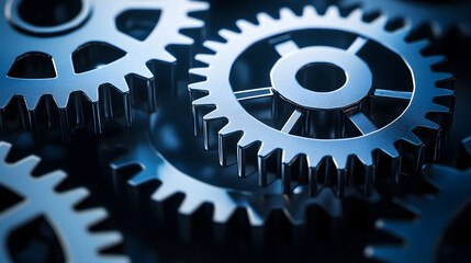 Close-up of metallic gears demonstrating their interlocking structure and mechanical functionality.