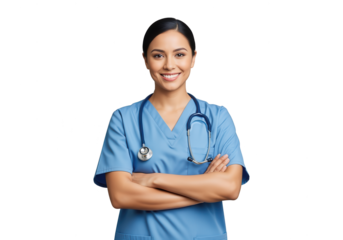 Smiling Female Nurse in Scrubs Isolated on White Background