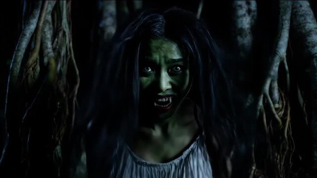 Terrifying Churel Transformation at Midnight - A close-up shot of a young Asian woman undergoing a terrifying transformation into a churel, a vengeful spirit from South Asian folklore.