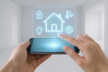 Person using a smartphone to control smart home devices with a glowing interface showing security and comfort settings