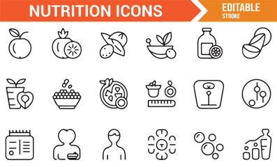 Healthy food and nutrition vector icons pack including fruit, vegetables, diet, and lifestyle outline elements