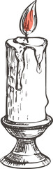 Hand drawn candle with flame and dripping wax on candlestick. Vintage sketch illustration for decoration, holiday design, cards, or retro style artwork.