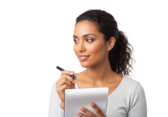 Thoughtful Woman Holding Notebook and Pen, Isolated