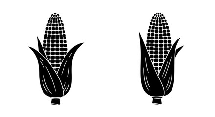 Two black and white corn cobs with husks a simple illustration