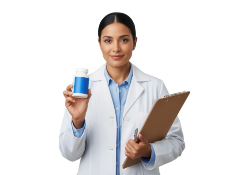 Confident Female Doctor Holding Medication Bottle - Powered by Adobe