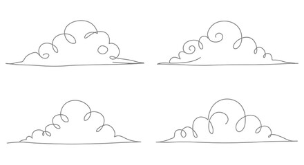 Simple line art illustration featuring four whimsical cloud shapes in black