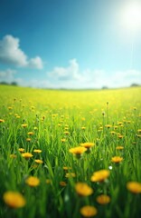 Green meadow filled with yellow wildflowers under bright blue sky with fluffy white clouds. Sunlight shines on vibrant landscape, creating peaceful and natural scene. It is beautiful summer day.