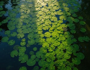 Aerial view of water lily pads on dark pond surface. Vibrant green leaves float. Sunlight reflects. Serene scenic nature background. Aquatic plants on lake. Symbol of peace and purity.