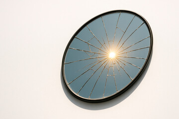 The round mirror is broken by the sun's rays. Space for text.