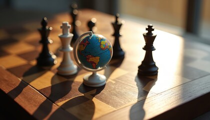 Chess board with globe and pieces. World map on globe. Black and white chess pieces on wooden board. Sunlight on chess board. Global strategy concept.