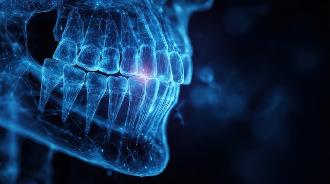 Hologram of human skull teeth x-ray anatomy illustration on dark background medical concept