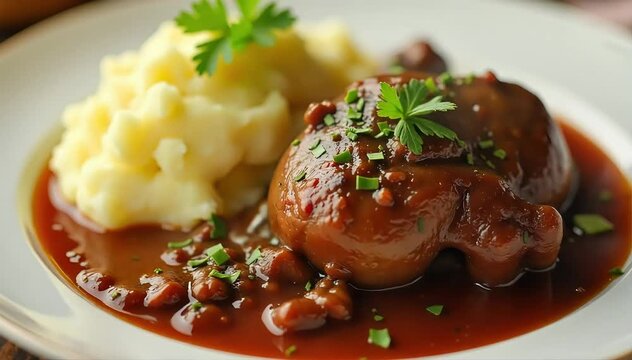 Traditional coq au vin served hot with creamy mashed potatoes and fresh parsley garnish 