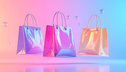 Three glossy shopping bags in pastel colors, purple, pink, and orange, stand on a reflective surface with floating bubbles against a gradient background.