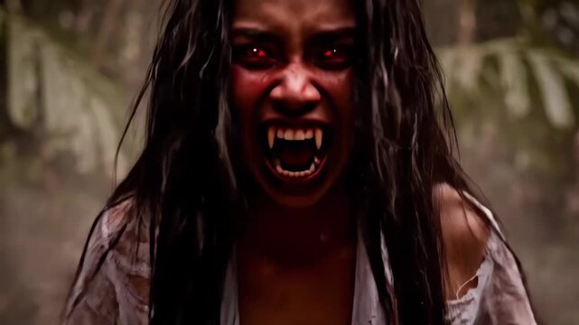 Leyak Witch Transformation - A close-up shot of a woman transforming into a leyak, a mythical Indonesian witch. Her face is green, her eyes are red, and she has long black nails.