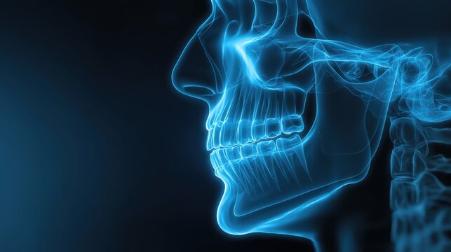 Hologram of human skull teeth x-ray anatomy illustration on dark background medical concept