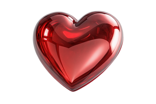Shiny red heart shaped 3d object with reflections on transparent black background for valentines