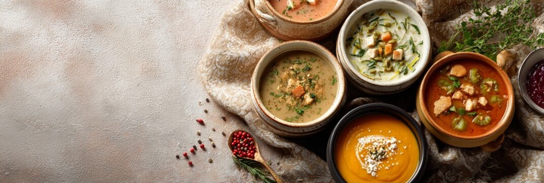 Delicious and colorful soups in various bowls, garnished with fresh herbs and spices, presented on a rustic background for an inviting culinary experience.
