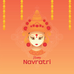 A stunning and artistic illustration of the serene face of Goddess Durga with ornate headgear and a bindi, celebrating the Hindu festival of Navratri against a vibrant orange background.