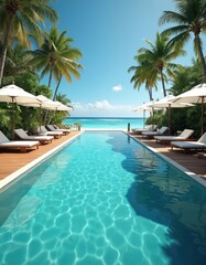 Fototapeta premium Tropical resort with long infinity swimming pool. Relaxing sun loungers, white umbrellas line wooden deck. Green palm trees frame bright blue sky. Turquoise ocean, sandy beach visible in distance.