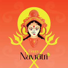 A stunning and artistic illustration of the face of Goddess Durga with ornate headgear and two tridents, celebrating the Hindu festival of Navratri against an orange background.