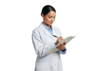 Female Doctor Taking Notes on Clipboard on White Background
