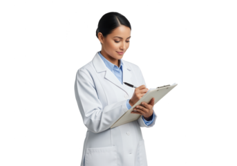 Female Doctor Taking Notes on Clipboard on White Background