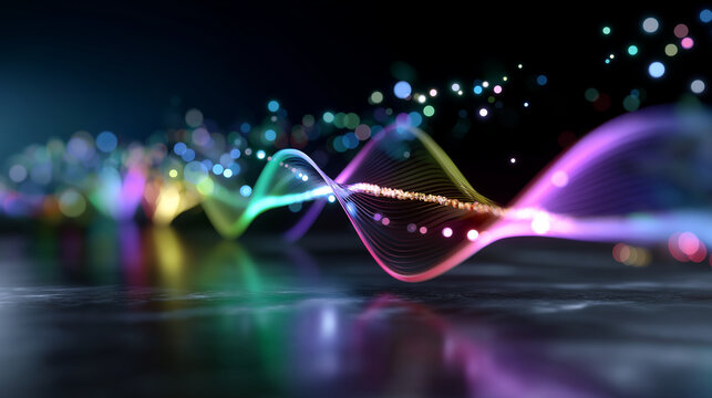 Close-up of multicolored oscillating sound waves across a transparent digital panel.