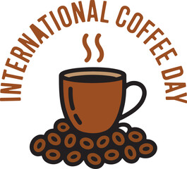 Coffee mug design with beans and steam in decorative style for cafe logos posters
