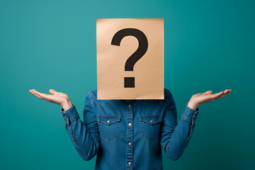Unidentified individual pondering a significant question, their face obscured by a paper bag adorned with a large question mark, symbolizing doubt and the search for answers