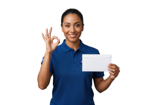 Smiling Woman Holding Envelope Making Okay Sign Isolated on White