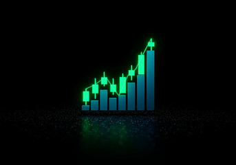 Financial growth concept with a candlestick chart in a dark, reflective environment, symbolizing investment and stock market progress