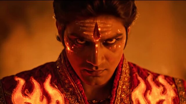 Agni God of Fire Dramatic Portrait - Close-up portrait of an Indian man in elaborate costume, resembling the Hindu god Agni.