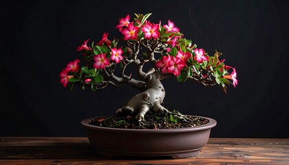 A vibrant bonsai tree adorned with clusters of bright pink flowers, set against a dark backdrop, showcasing the artistry of miniature gardening.
