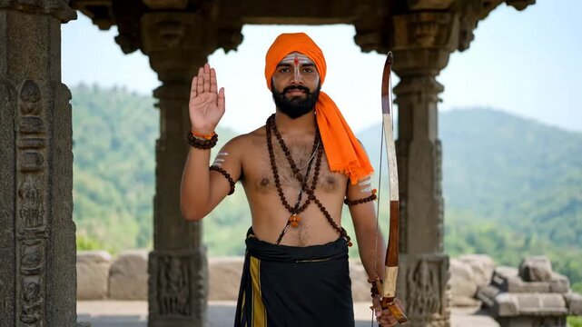 Ayyappa Pilgrim Blessing at Hilltop Shrine - An Indian man, dressed as Ayyappa, stands in a stone shrine doorway. He holds a bow and raises his hand in blessing, wearing traditional pilgrim beads.