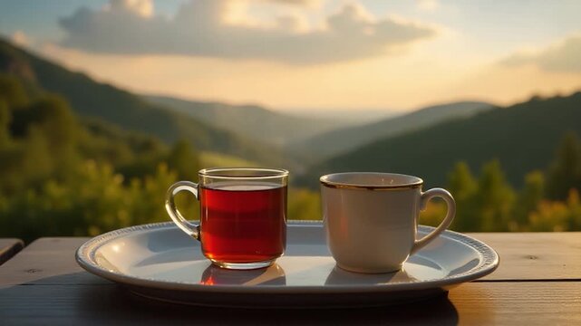 A still life image of two cups with saucers on a plate, sitting on a table