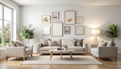 Cozy Living Room Interior Design with Neutral Tones, Modern Furniture and Picture Frames