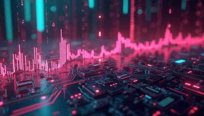 Tech photo shows digital circuit board with neon pink data chart. Futuristic motherboard, electronic diagram with glowing line graph. IT business process analytics, ai system research.