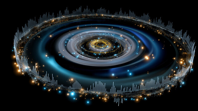 Circular holographic display showing data spiraling like a galaxy of waveforms.