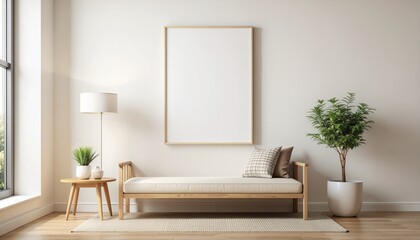 Modern minimalist living room with a blank frame, stylish wooden bench, and green plants. Clean interior design, natural light, ideal for home decor mockups