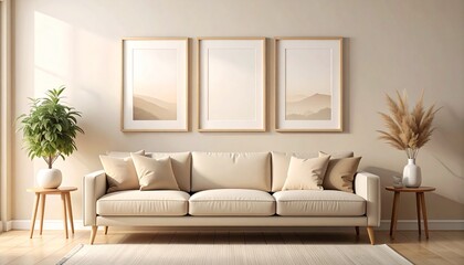 Cozy Living Room with Three Minimalist Frames and Green Plant on Side Table